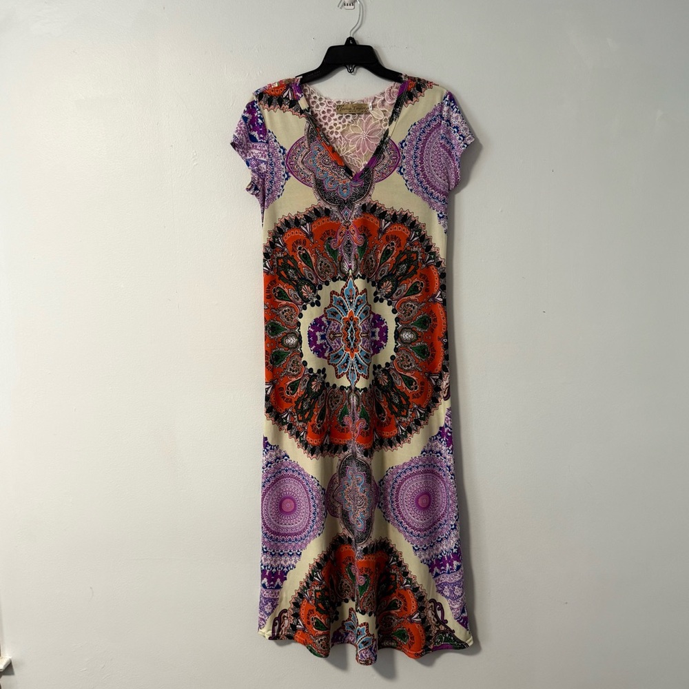 Jessica Taylor Midi Dress Boho Bold Mandala Floral Lace Inset Short Sleeves XL